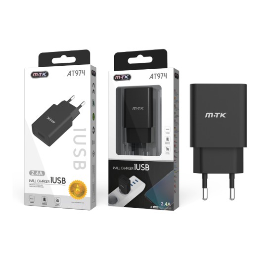 CHARGING ADAPTER WITH 1 USB PORT 2.4A MTK BLACK